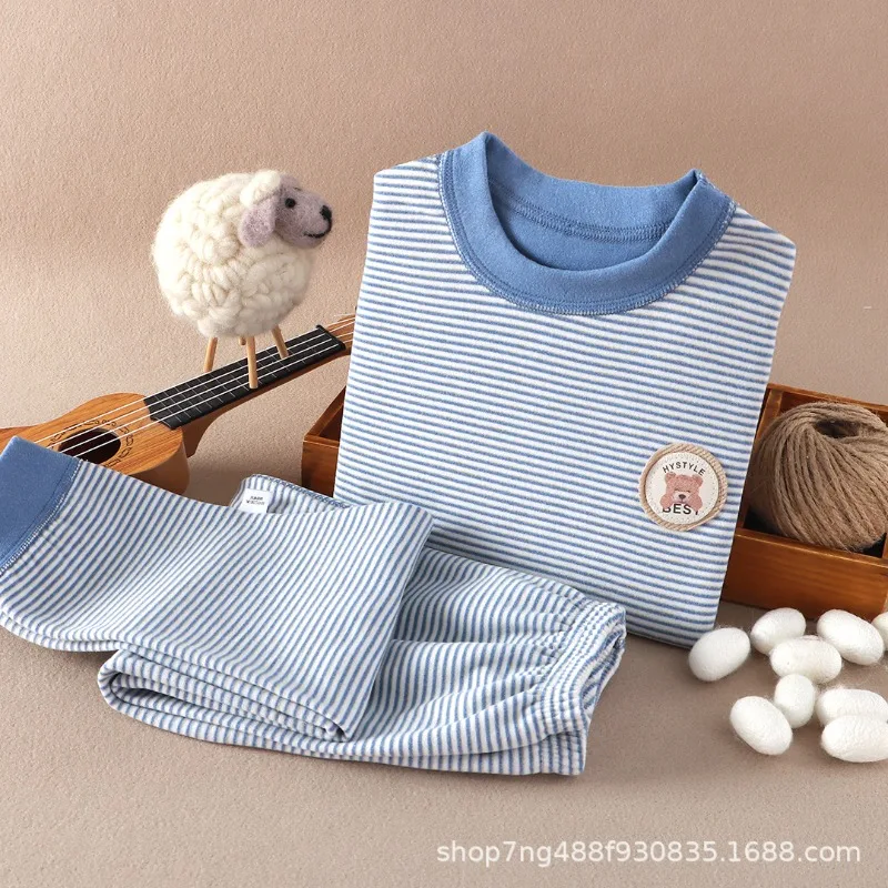 New Boys Girls Warm Underwear Set Children Fleece-Lined Long Sleeve Pajamas Home Wear Kids Autumn Tops Bottoms Casual Pajama Set