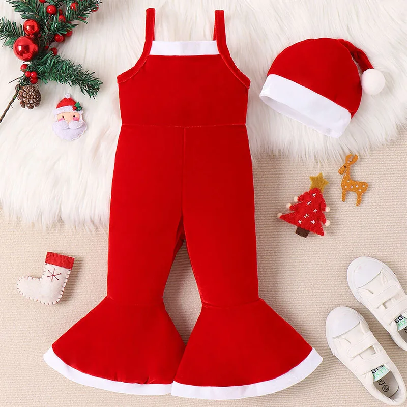 

2Piece Fall Winter Baby Girl Jumpsuit Cute Christmas Red Velvet Korean Toddler Fashion Overalls+Hat Kids Boutique Clothing B054