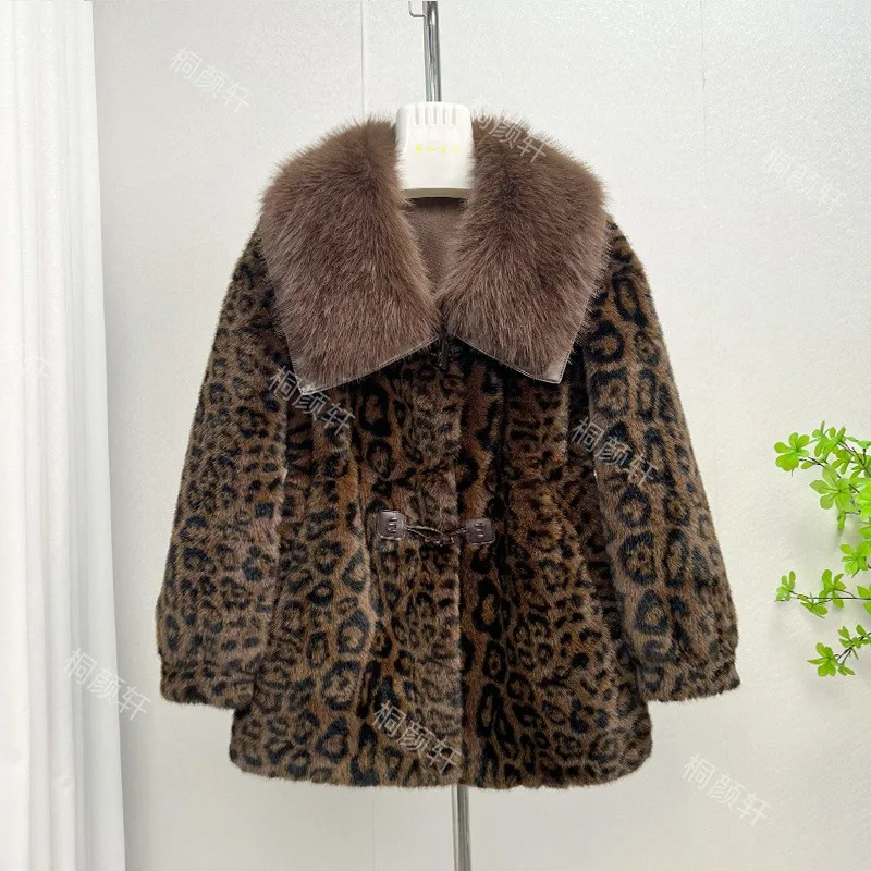 Leopard Print Hoodless Coat Mid Length with Loose Fit Round Neck Casual Japanese Korean Regular Sleeve Autumn Women Coat