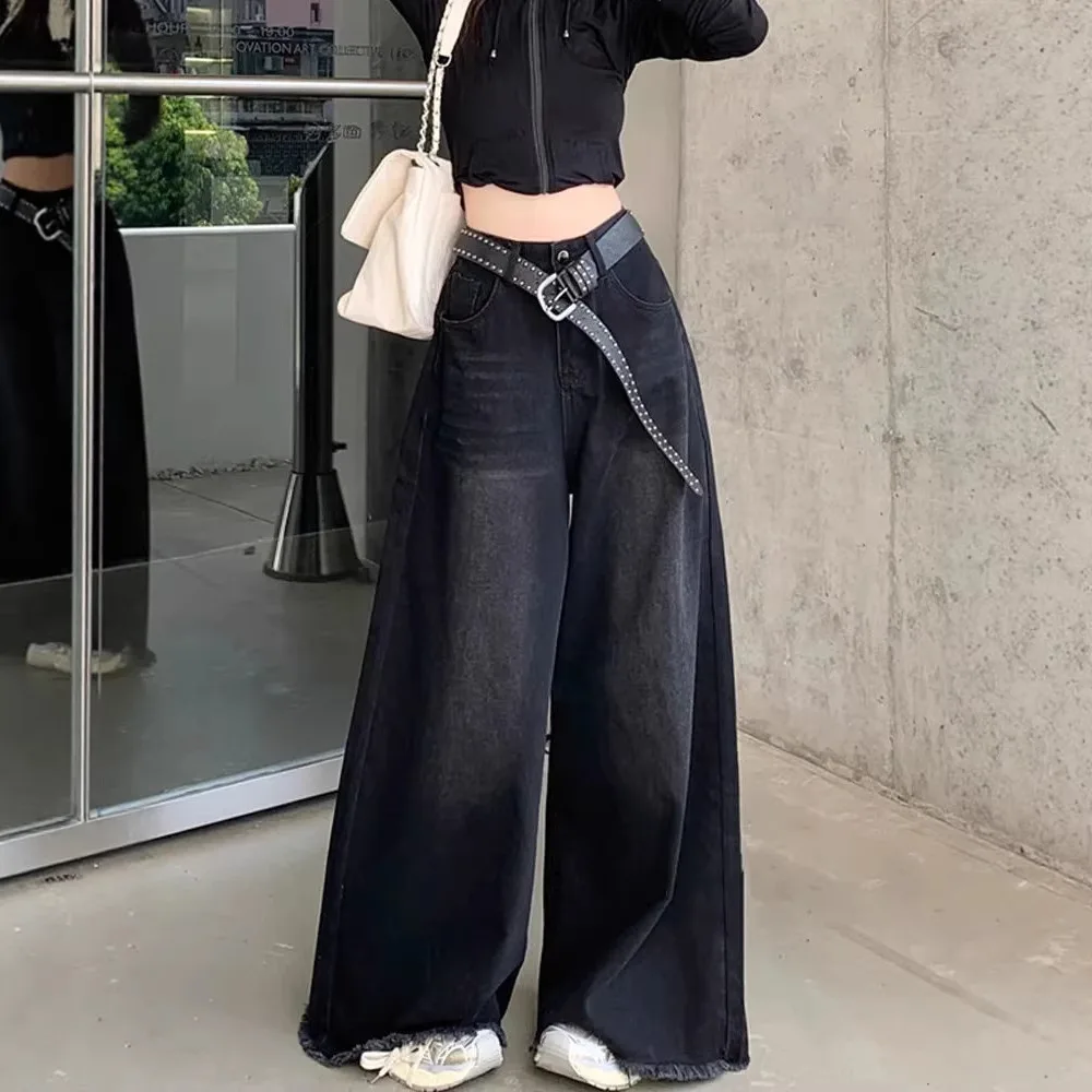 Elegant Elegant Chic American Vintage Black Wide Leg Jeans Women High Waist Loose Fit Slimming Draping Raw Hem Floor Length Denim - Aliexpress Deal
