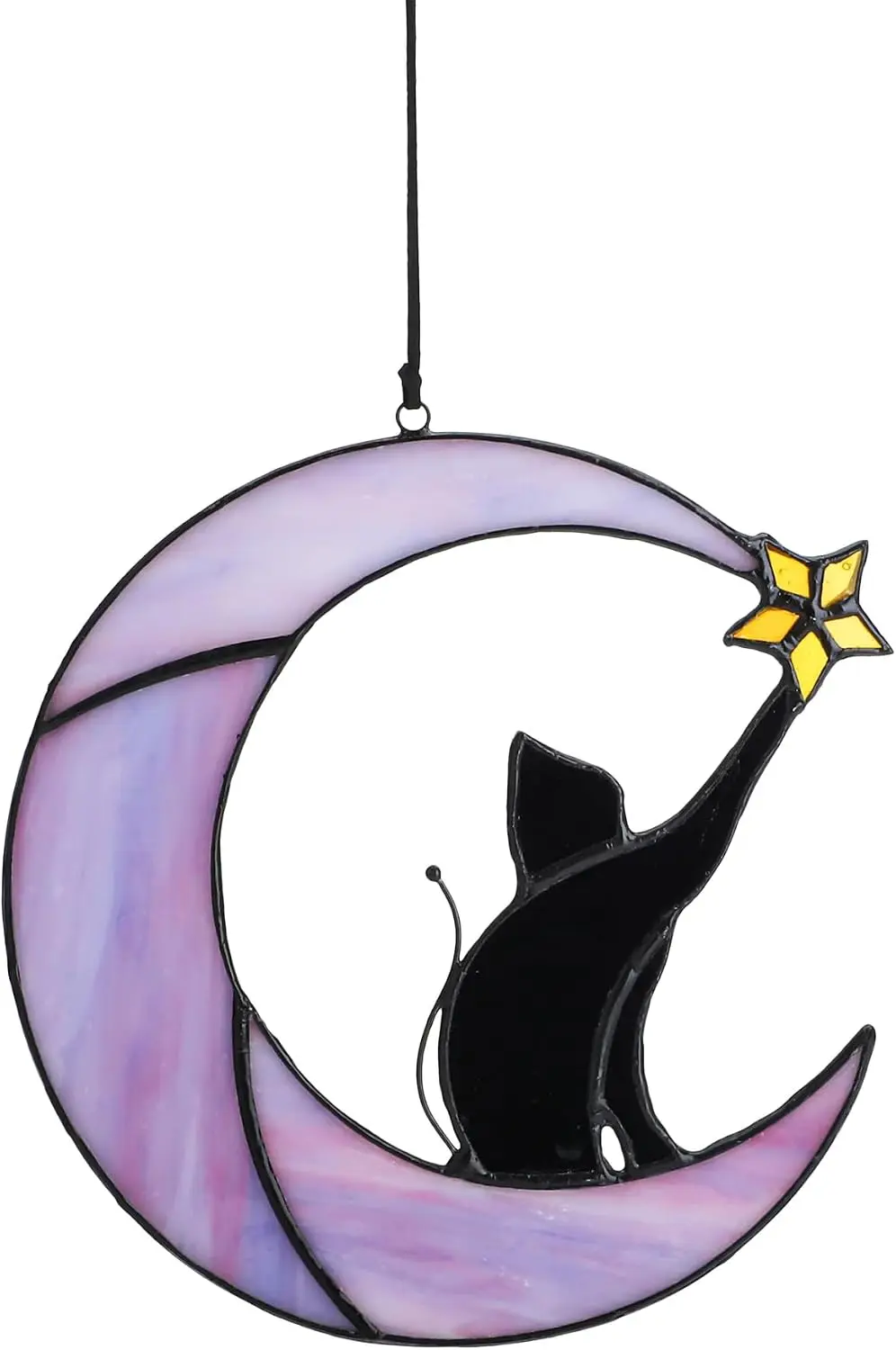 6.5'' Stained Glass Window Hanging Suncatcher-Black Cat on Purple Moon, Acrylic Material, Halloween Pendants, Drops & Finials