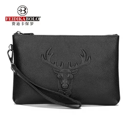 FEIDIKABOLO Cow Leather Clutch Wallet for Men Long Design Fashion Emboss Deer Man Bag Purse Classic Design Man Mobile Cash Purse