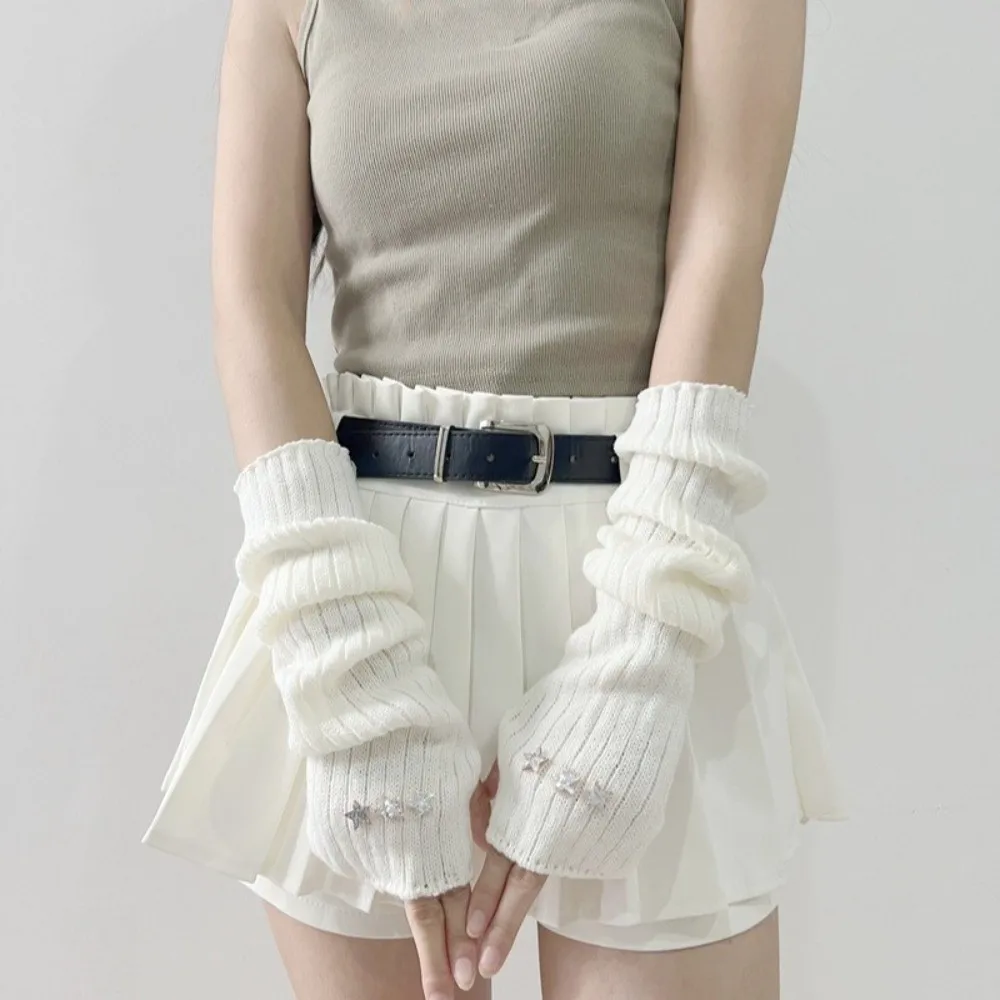 

New Long Arm Warmer Gloves Knitted with Pentagram Patch Warm Arm Sleeve Cold Proof Fingerless Gloves Autumn Winter
