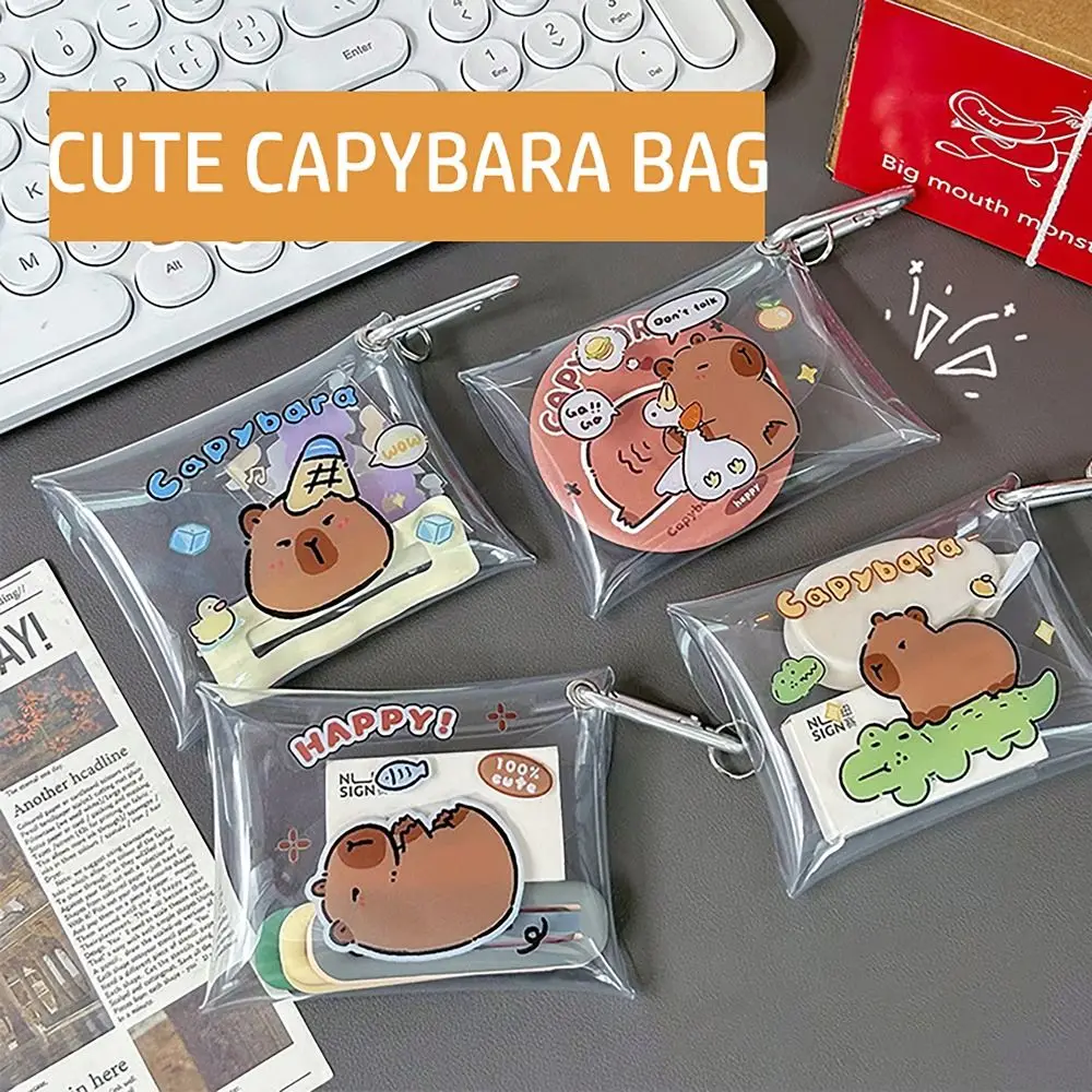 

Portable Capybara Coin Wallet with Carabiner Cartoon Anime Mini Wallet Transparent Earphone Storage Bags for Student Girls