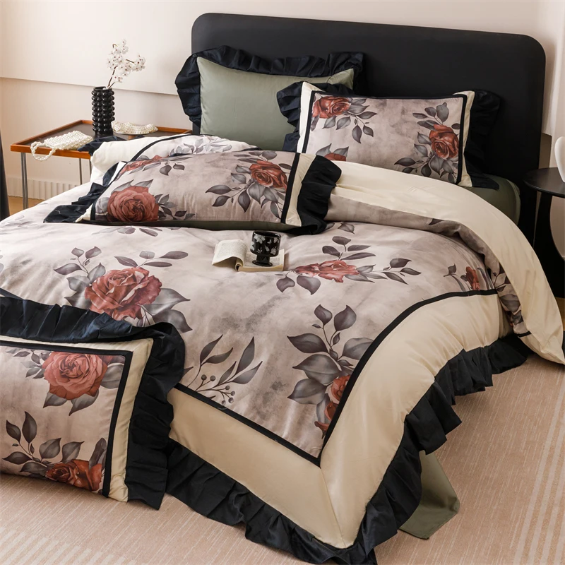 4pcs French Vintage Cotton Floral Print Bedding Duvet Cover 200x230 220x240 Bed Sheet Sheet Sheet Light Luxury High-End