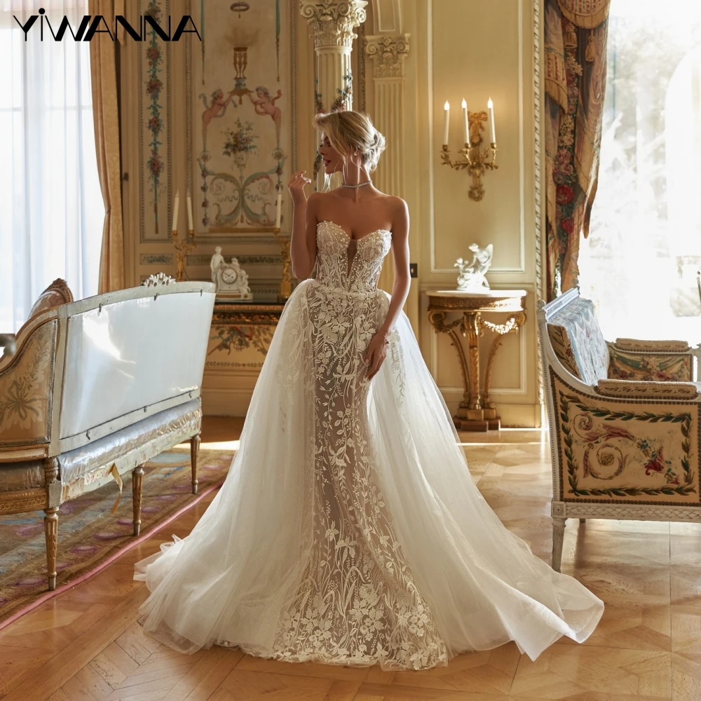 Detachable Train Mermaid Bride Robe Exquisite Appliques Bridal Dress Glitter Pearls Wedding Gown Customized Vestido De Novia