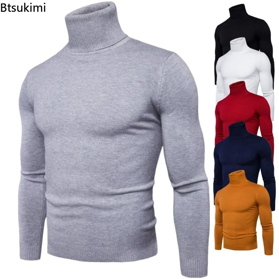 Sweater kerah tinggi untuk pria, sweater musim dingin leher tinggi, leher tinggi, tebal hangat, Slim Fit, pullover modis, Sweater rajut polos kasual untuk pria 2024