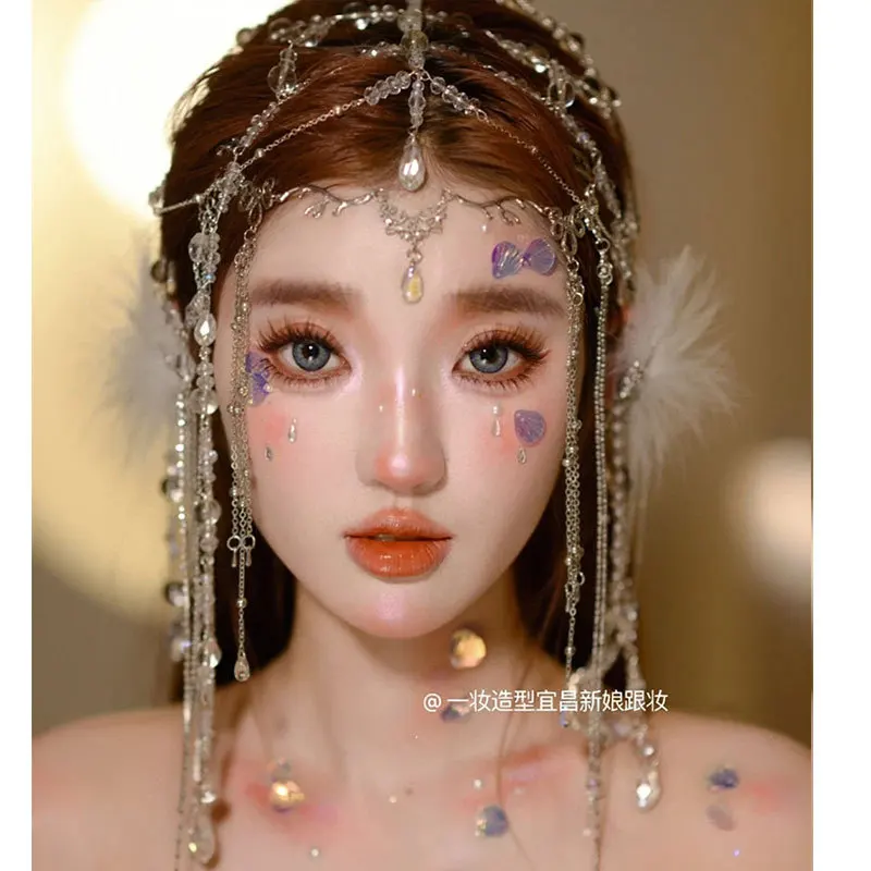 Mermaid Hair Ornament Rhinestone Tassel Eyebrow beads Pendant Princess Forehead Headwear for Women