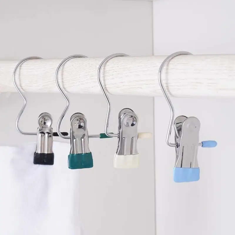 10Pcs Portable Practical Storage Hook Clip Stainless Steel Traceless Rotatable Clothes Clips Windproof Multi-Purpose Hooks