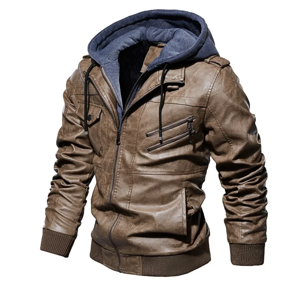 New Style Spring Antumn Men Brown Leather Motorcycle Jacket with Removable Hooded Male PU Jacket Coat EU Size High Quality