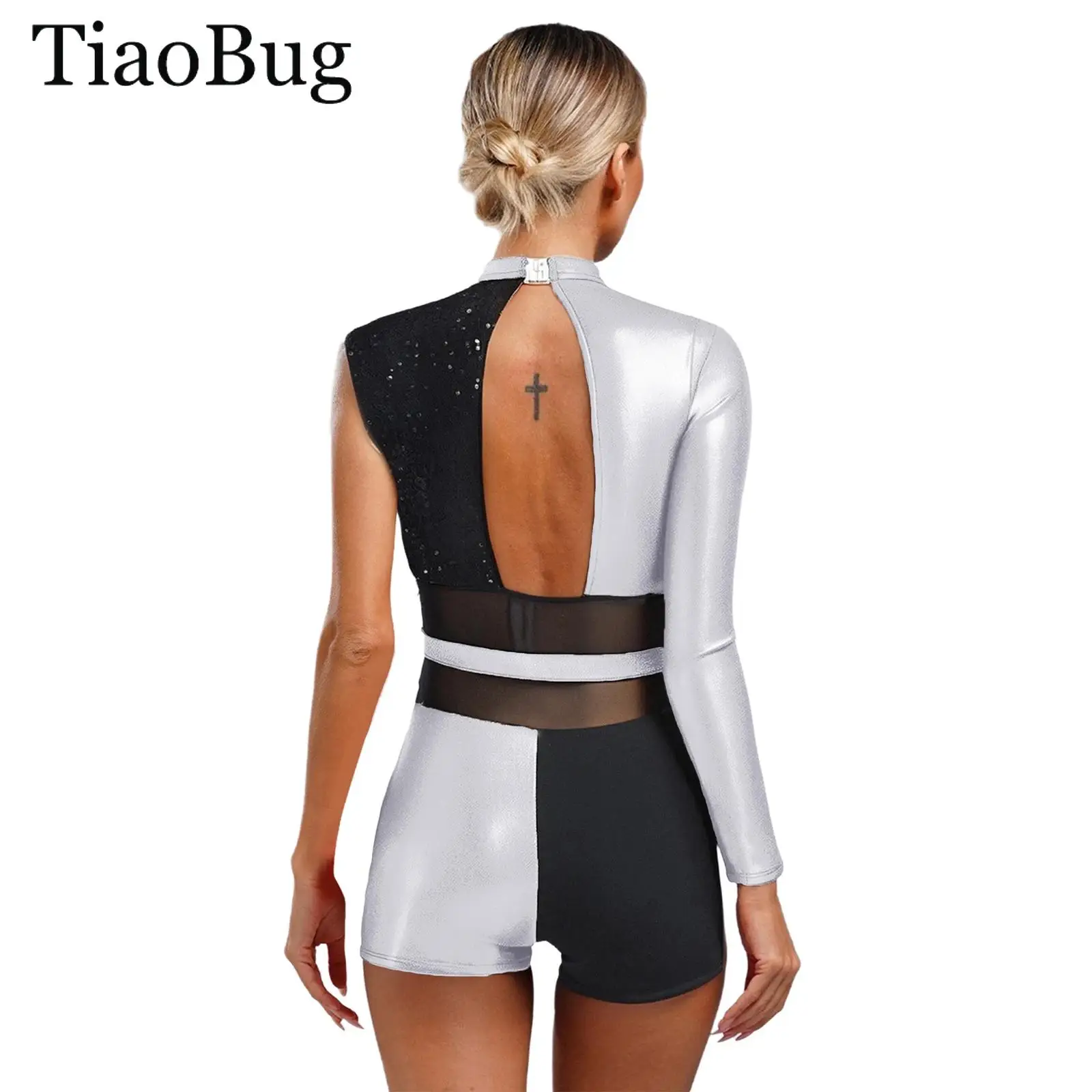 

Women Jazz Latin Dance Leotard Bodysuit Boyshorts One Shoulder Sequins Metallic Shiny Tango Cha Cha Ballet Ballroom Dancewear