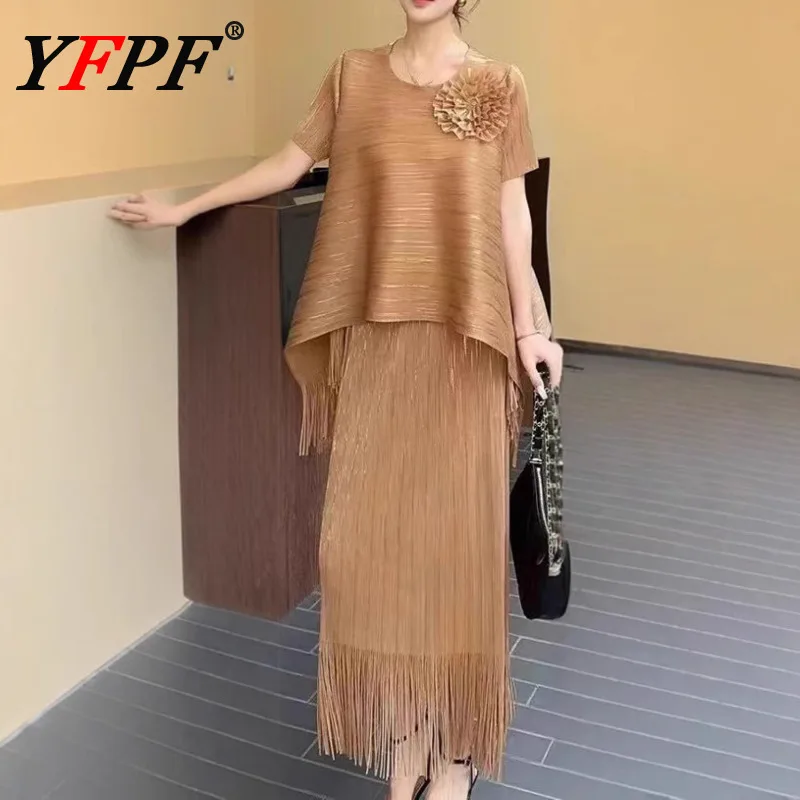 

YFPF Женский плиссированный комплект с кисточками и короткими рукавами, нестандартные топы + длинные юбки трапециевидной формы, элегантные летние новинки 2025, 3A189
