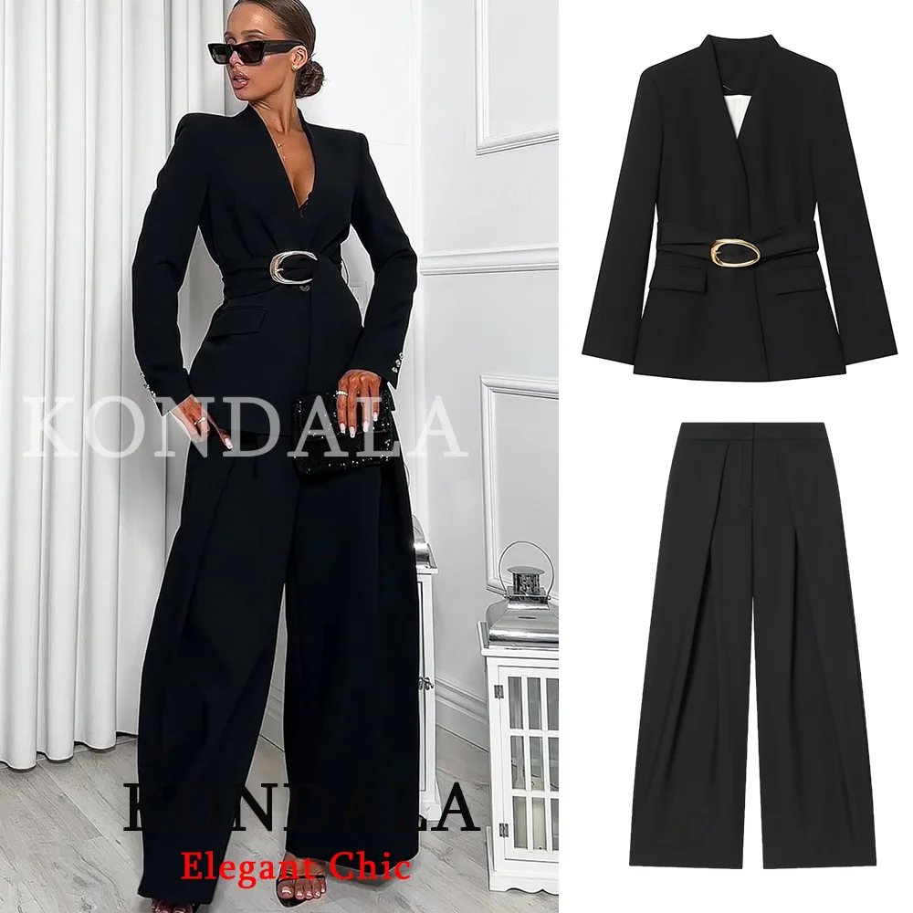 KONDALA Damen Büro-Outfit Trendiges Hosenset Schwarzer Gürtel V-Ausschnitt Blazer Weite Plissierte Hose Neue Mode 2026 Frühling Sommer Damen-Set