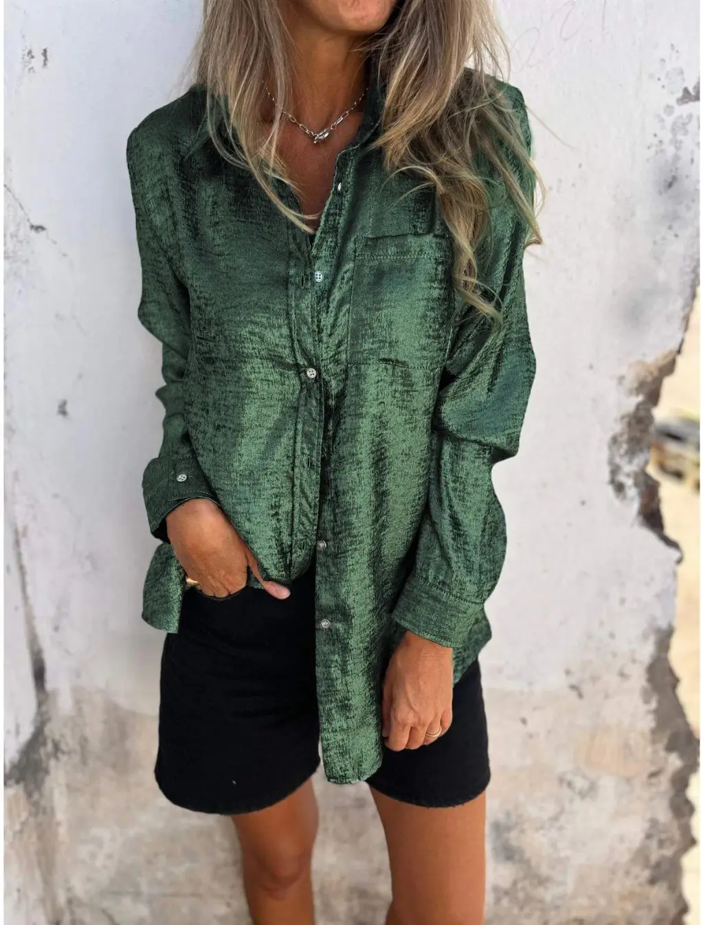 2024 Spring Summer Fashion Metallic Line Shirts Women Long Sleeve Solid Casual Blouse Pocket Vintage Ladies Button Up Tops Blusa