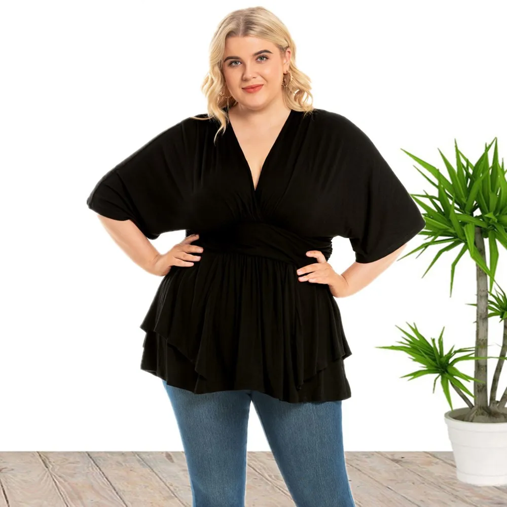 2021 nova venda quente estilo europeu e americano plus size v-neck meia manga sólida camisa solta para mulher