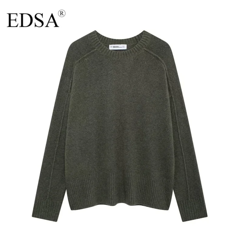 EDSA Women Green Soft-touch Knit Sweater Long Sleeves Round Neck Ribbed Trims Pullovers for Autumn Winter Top