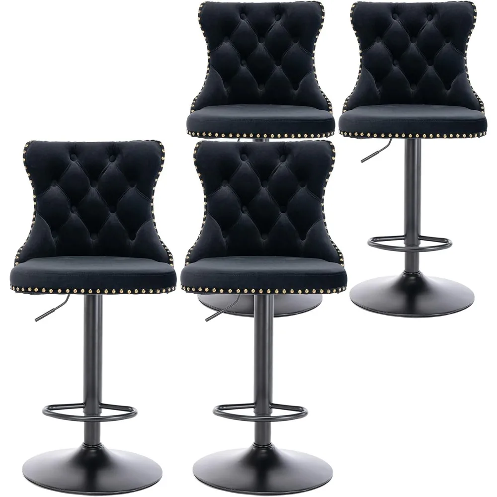 Bar Stool Set of 4,Velvet Counter Height Barstools Adjustable Seat,Button Tufted Swivel Bar Chairs Black Base