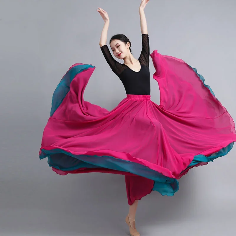 Flamenco Chiffon Dance Skirt for Women 720 Degrees Solid Color Long Skirts Dancer Practice Wear Chinese Style Skirt with Big Hem