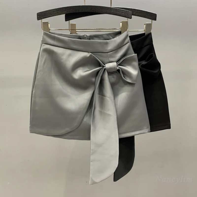 Bow Ribbon Satin Short Skirt for Women 2024 Summer New High Waist Slimming Anti-Walking A- Line Sheath Skirt Mini Falda