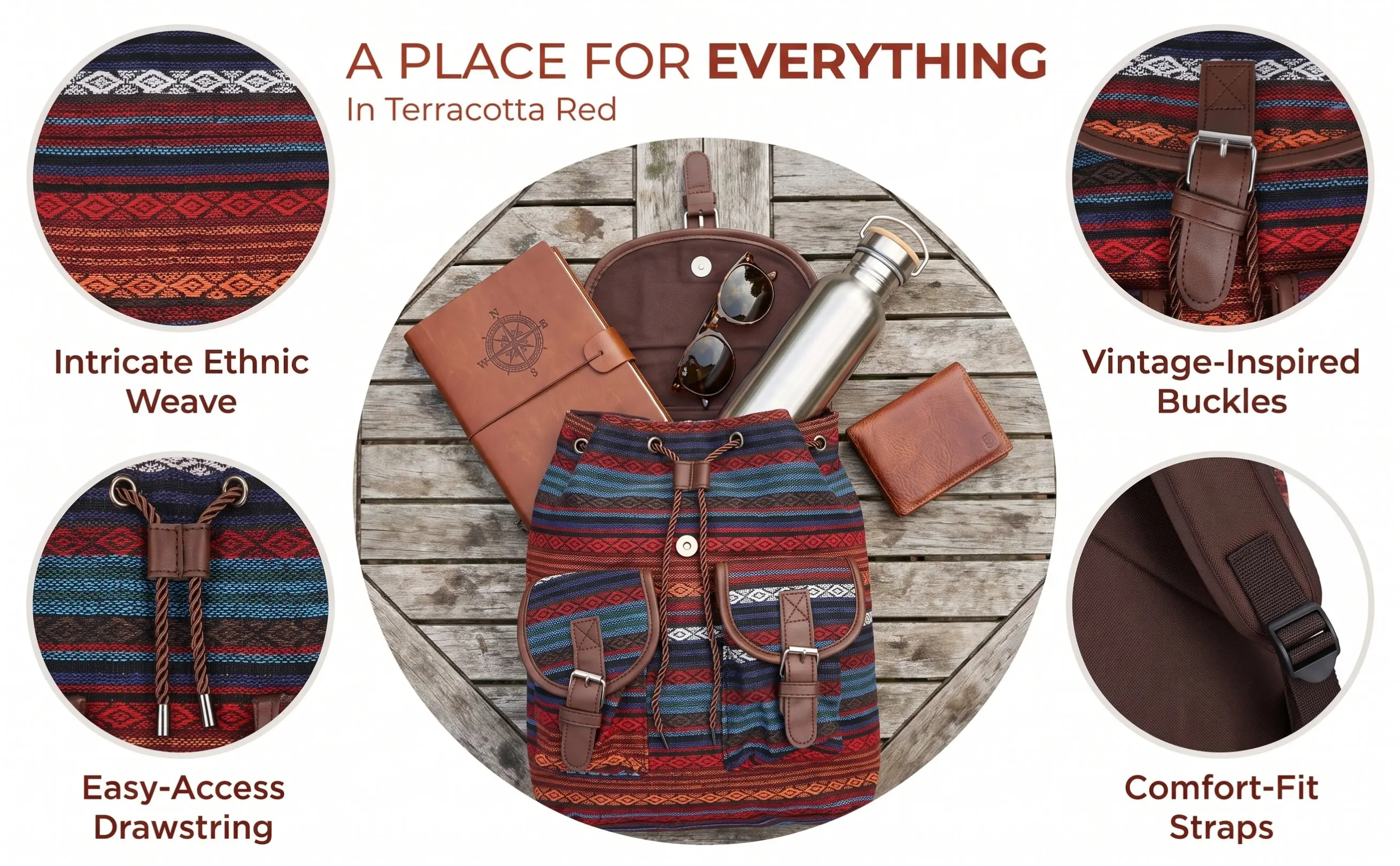 Large Capacity Ethnic Style Backpack Vintage Plaid Drawstring Bucket Bag Boho Travel School Casual Bag Stylish Backpack