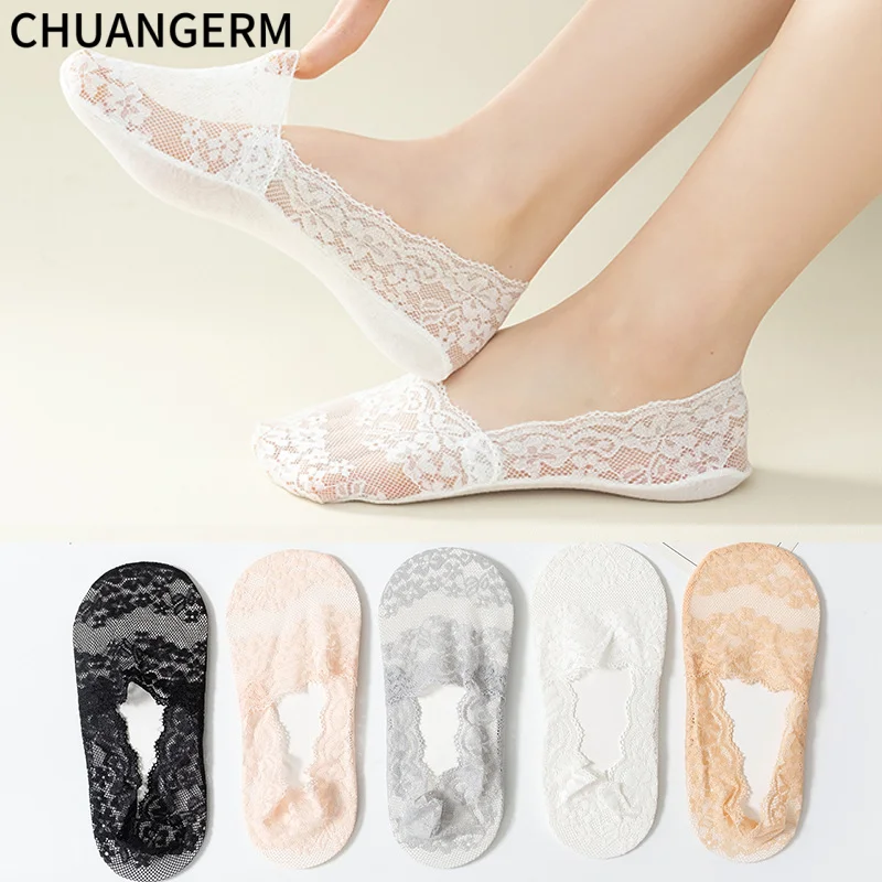 Women Summer Lace Mesh No‑Show Socks Thin Low‑Cut Boat Socks Breathable Non‑Slip Invisible Ankle Socks