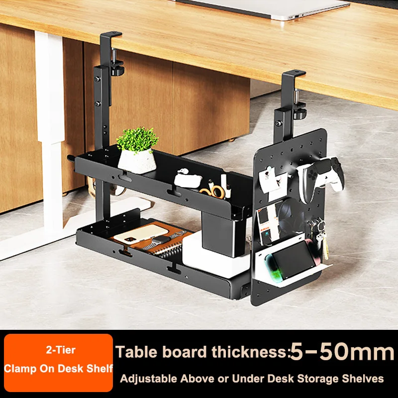 Clamp-on 14 inch Above Below Desk 2-Tier Shelf Unit for Table Accessories Gaming Devices and More Storage Tray Desktop Organizer