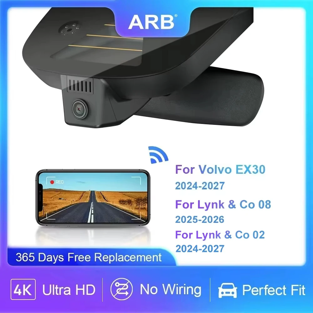 For Volvo EX30 2024-2027 Dashcam, ARB 4K Car DVR with WIFI APP Control for Lynk & Co 02 08, OEM Look Installation
