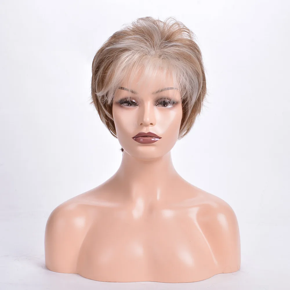 باروكة نسائية قصيرة مجعدة باللون البني مع أشقر يسلط الضوء على شعر من الألياف الاصطناعية المقاومة للحرارة للحفلات اليومية
