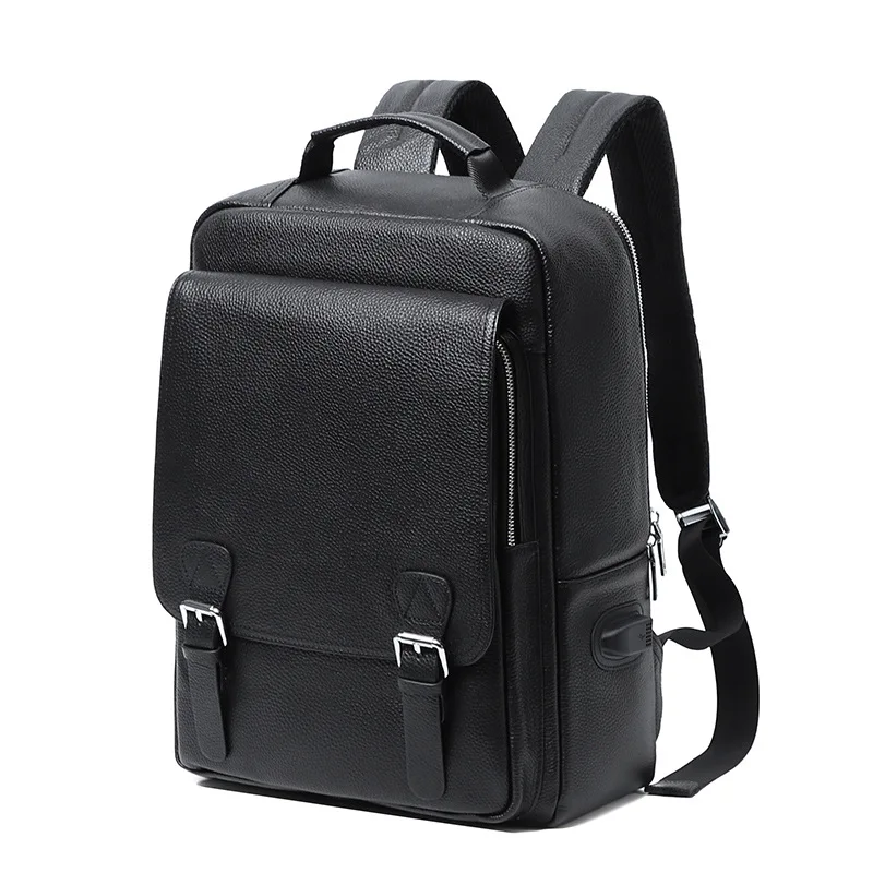 Executive Top-Grain Leather Backpack, USB Charging Port & 15.6" Laptop Compartment, Men's Spacious Travel Rucksack"