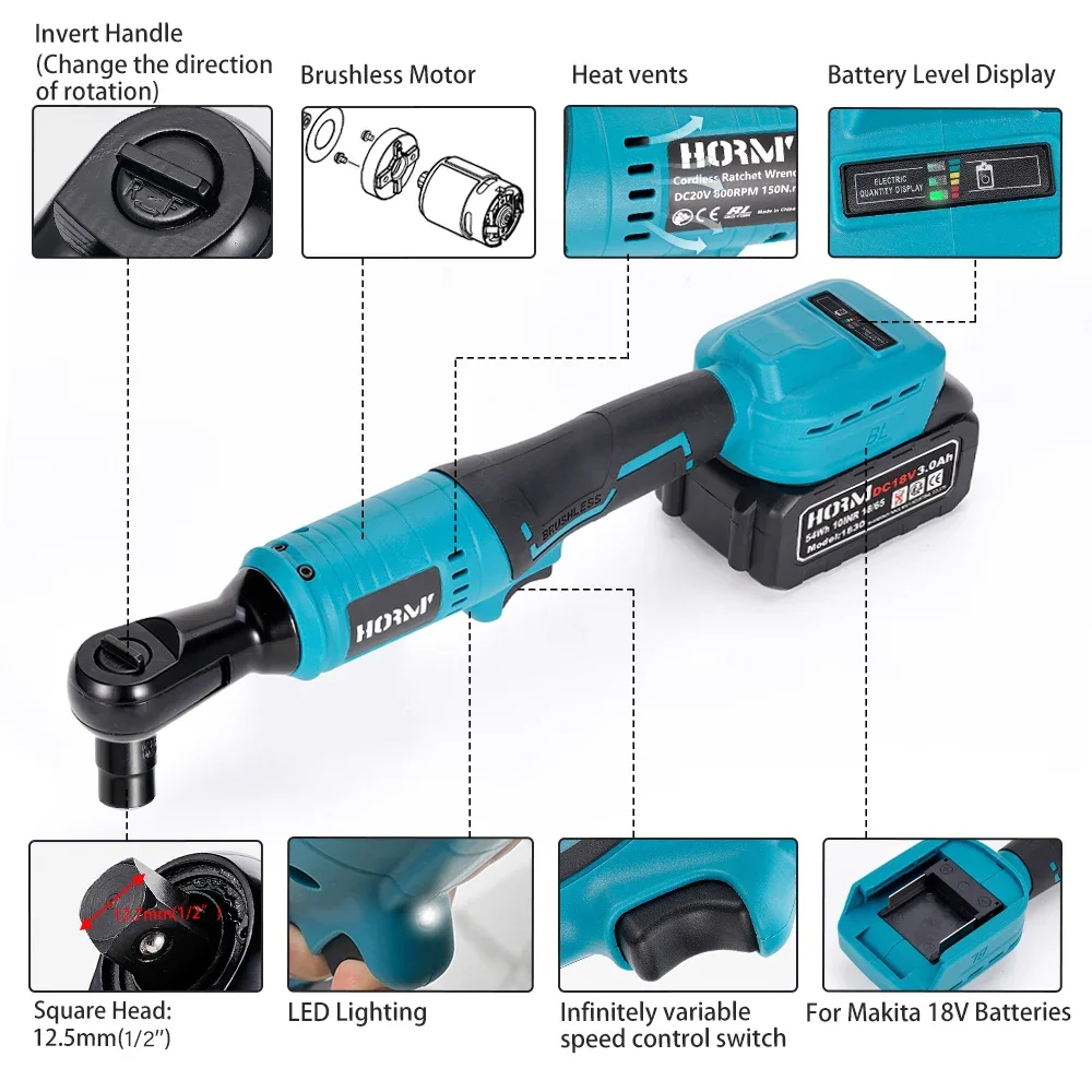 50N.m Brushless Electric Wrench 1/2\'\' Right Angle Ratchet Wrench Set Drill Screwdriver Repair Power Tool For Makita 18V Battery