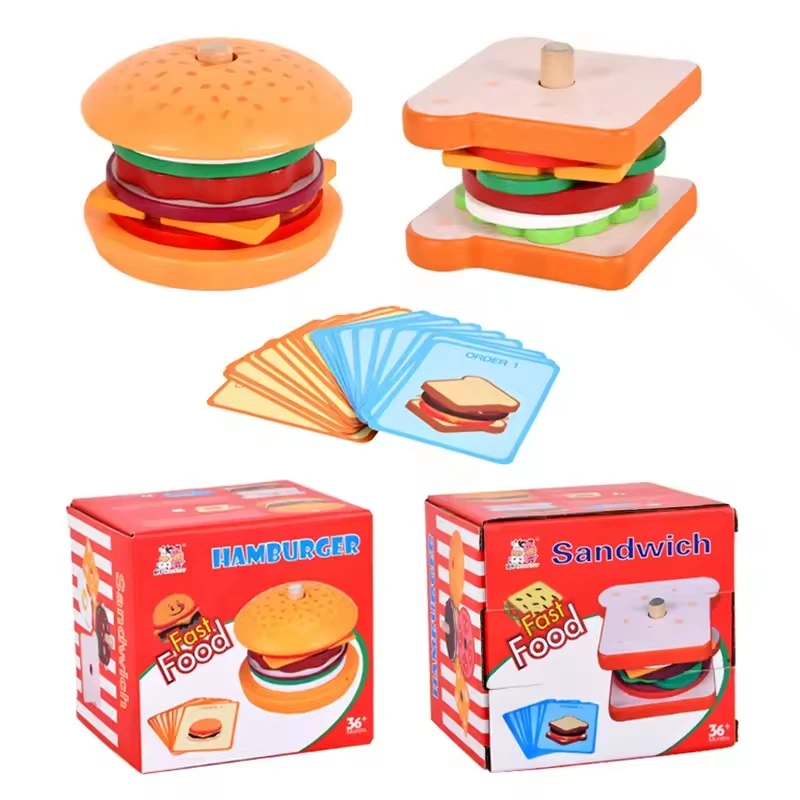 Children Pretend Play Kitchen Wooden  Toys Hamburger Sandwich Simulation Food Matching Games Montessori Educational Stacking Toy