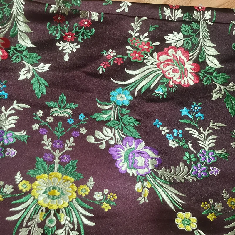 High Quality Coffee Color Floral Damask Satin Brocade Jacquard Fabric Costume Upholstery Furniture Curtain Clothing Material