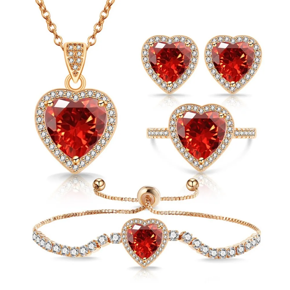 Exquisite 925 sterling silver colored diamond heart-shaped bracelet, ring, necklace and earring set for women