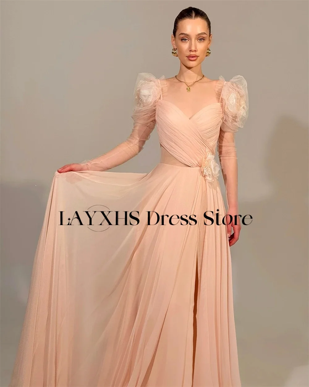 LAYXHS Moda Gola Quadrada Vestidos de Noite A Linha Mangas Compridas Flores Até O Chão Vestido de Baile Personalizado فساتmavera