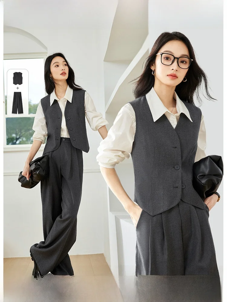 

Модный женский комплект из двух предметов: жилет и брюки, осень 2025, с V-образным вырезом, на пуговицах, для работы