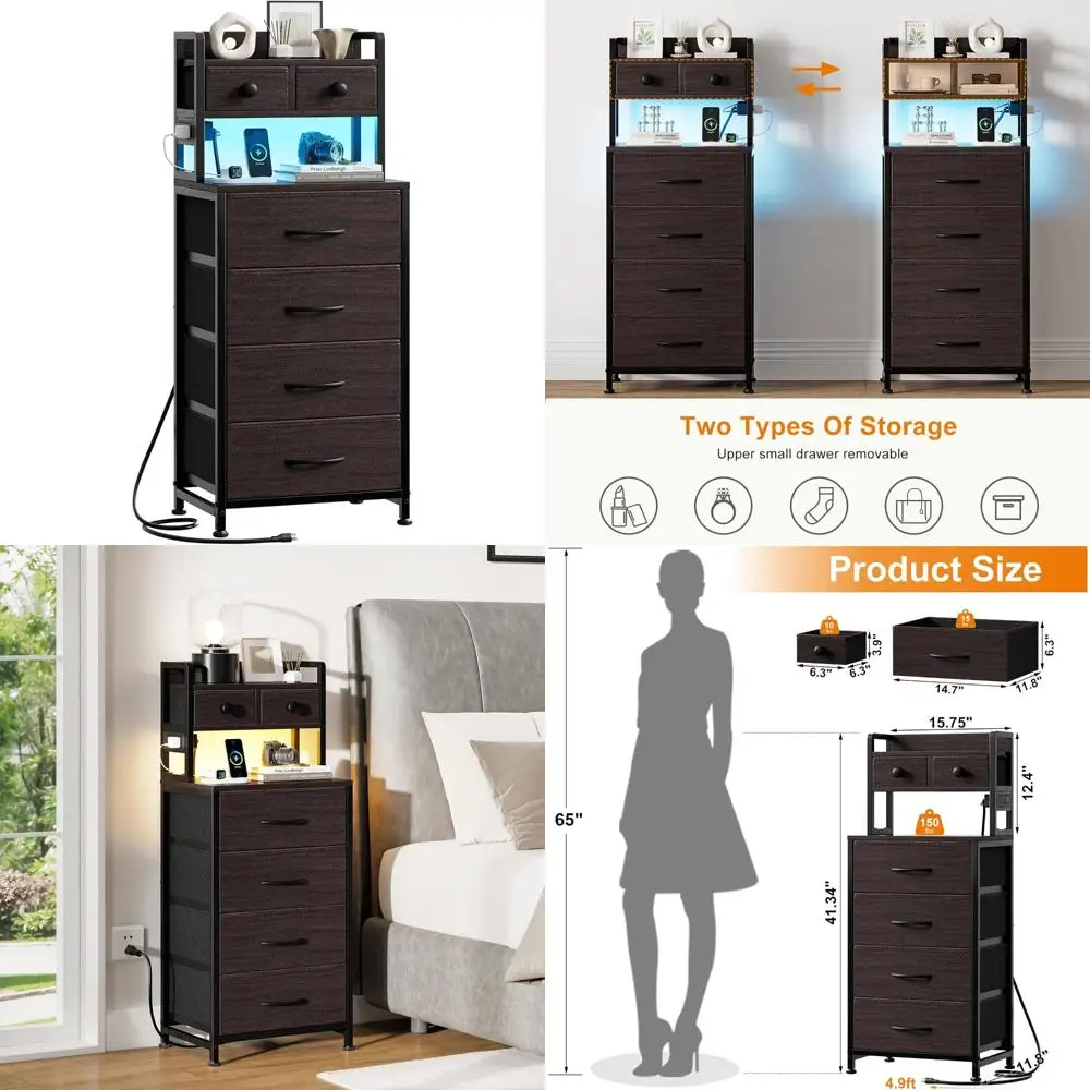 منضدة LED مع قاعدة شحن، بطول 41 بوصة، 6 أدراج قماشية، طاولة بجانب السرير خشبية من 3 طبقات