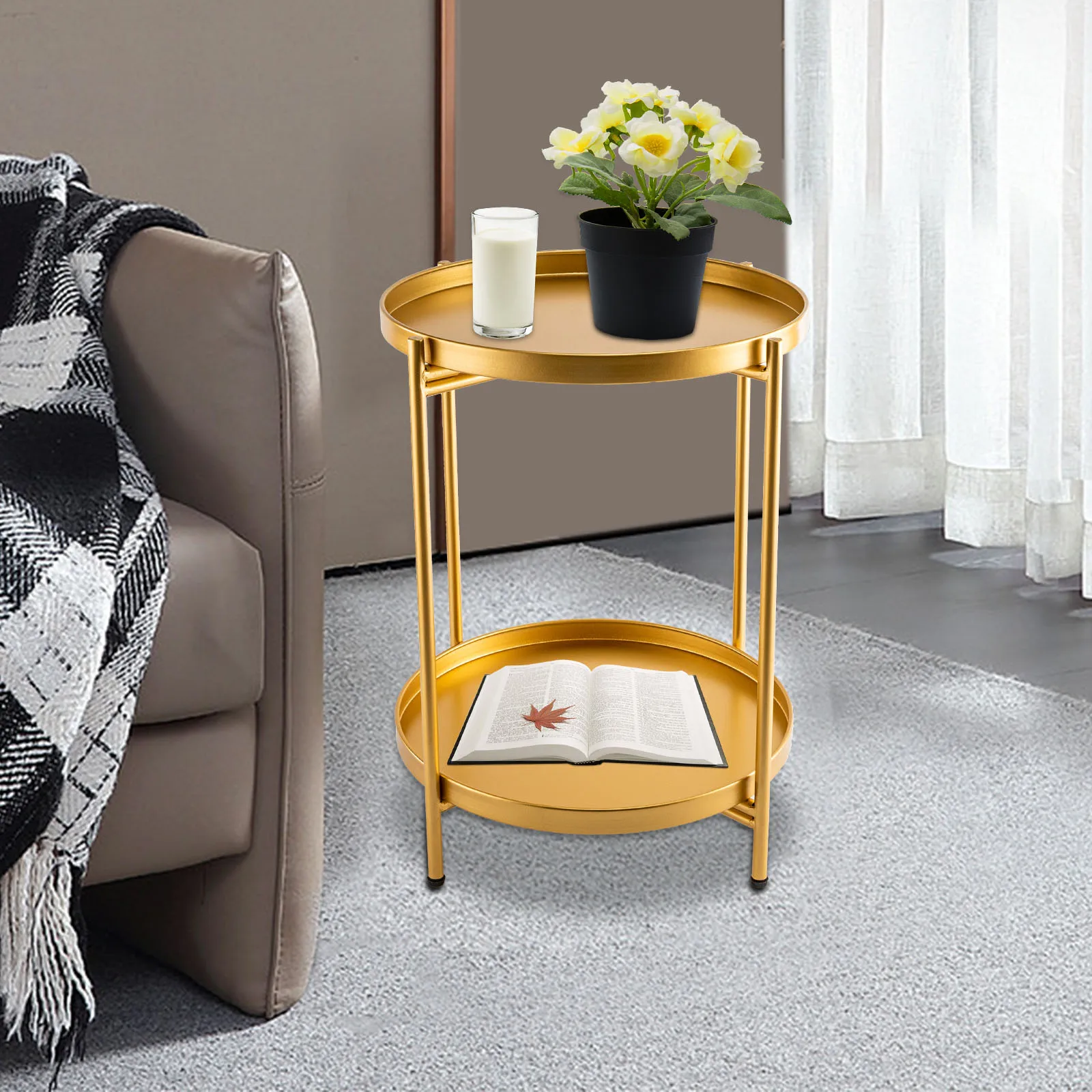 Golden Side Table Metal Tray Sofa Table Coffee Table Bedside Table Round 2-Tier Gold Iron with Tray Tea Table Bedside Table Sofa