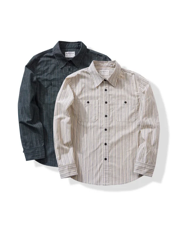 

2025 Autumn New American Retro Corduroy striped Turn-down collar Long-Sleeve Shirt Men's Fashion Double Pockets Casual Blouses