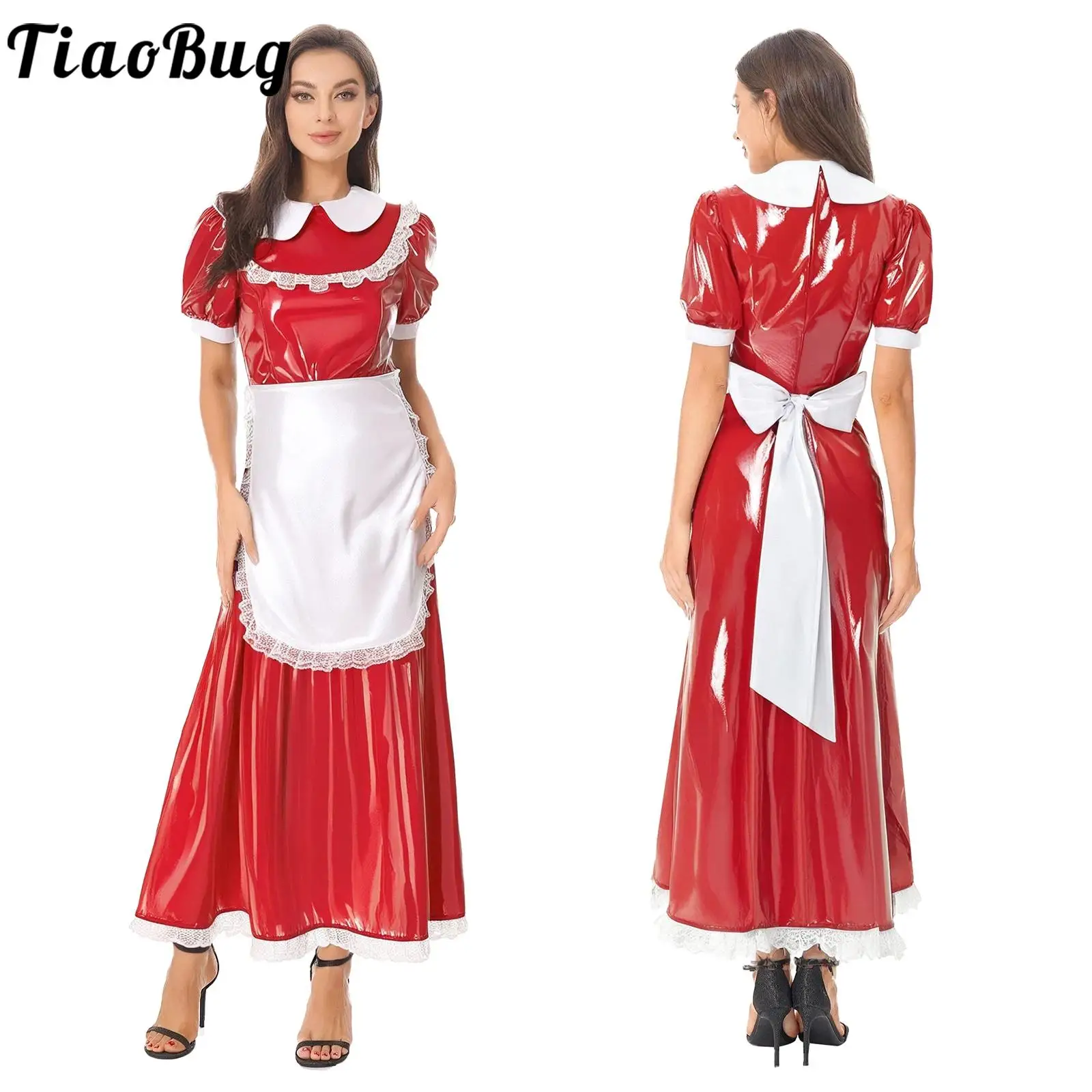 

Women French Maid Dress Cosplay Costume Halloween Carnival Party Latex Wet Look Patent Leather Maid Dress with Apron Clubwear