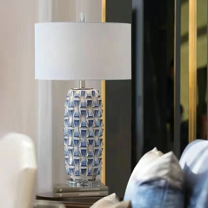 Modern Luxury 3D Textured Blue White Ceramic Table Lamp Fabric Lampshade Bedside Desk Light Hotel Home Decoration