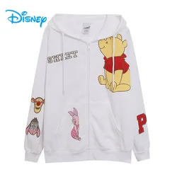 Disney Winnie the Pooh Fleece Hooded Sweatshirt Tigger Eeyore Piglet Embroidery Women Casual Zip Up Hoodies Jacket Loose Tops