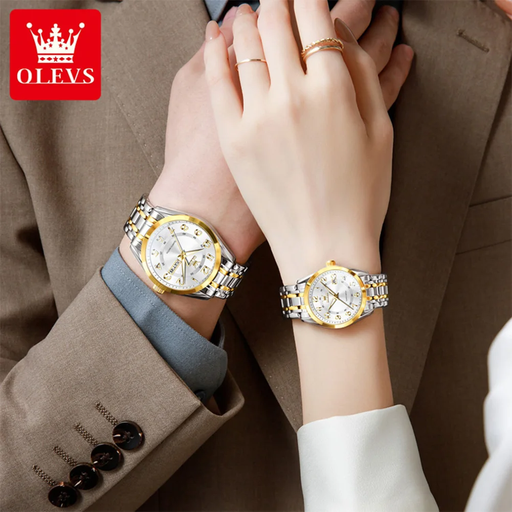 OLEVS Couple Watches 3666CP Top Brand Luxury Fashion Original Quartz Watch for Lady Dual Scale Calendar His and Her Watch reloj