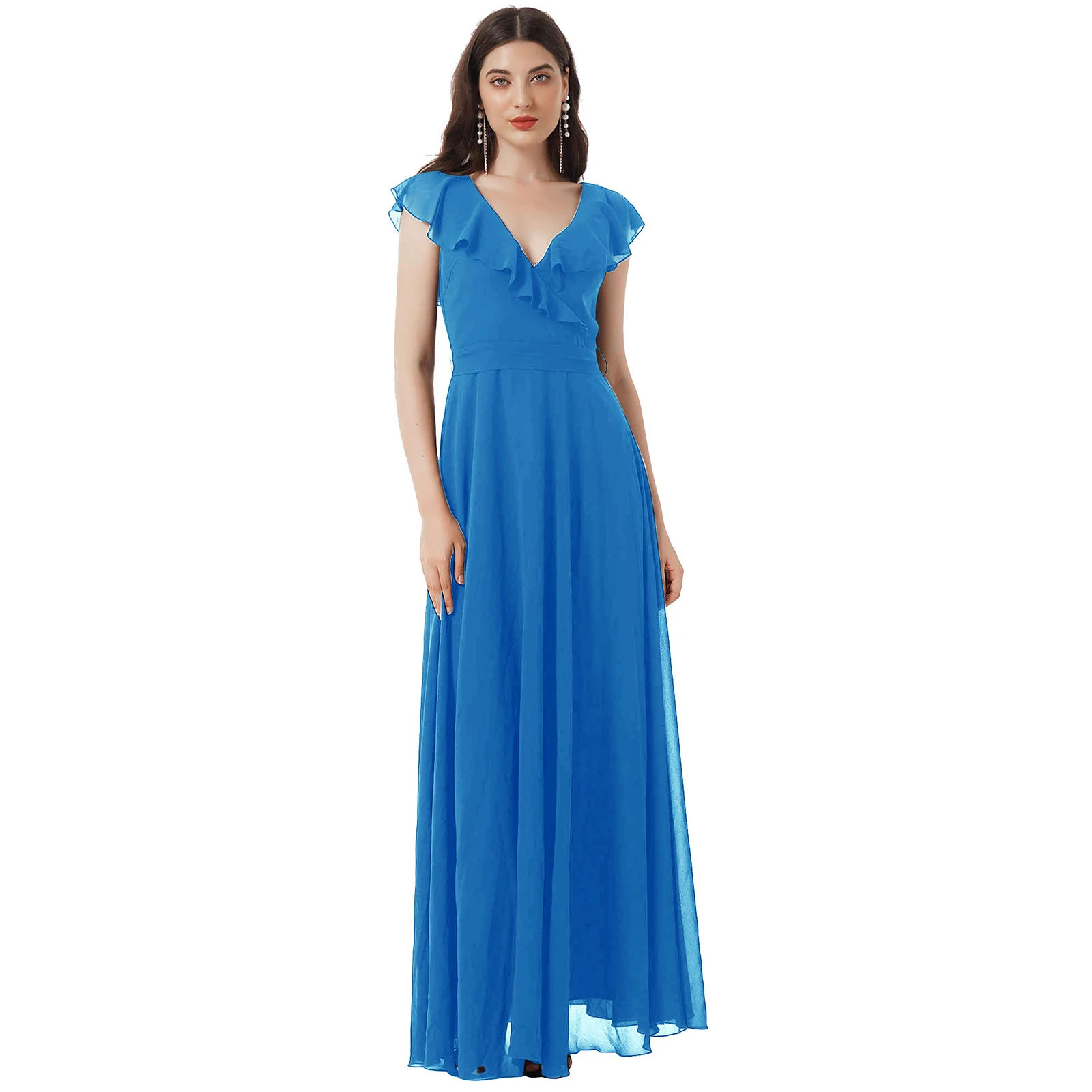 Vestido Sexy de verano con escote en V profundo para mujer, espalda abierta, manga corta con volantes, vestidos de dama de honor con volantes, vestidos de fiesta de boda para mujer