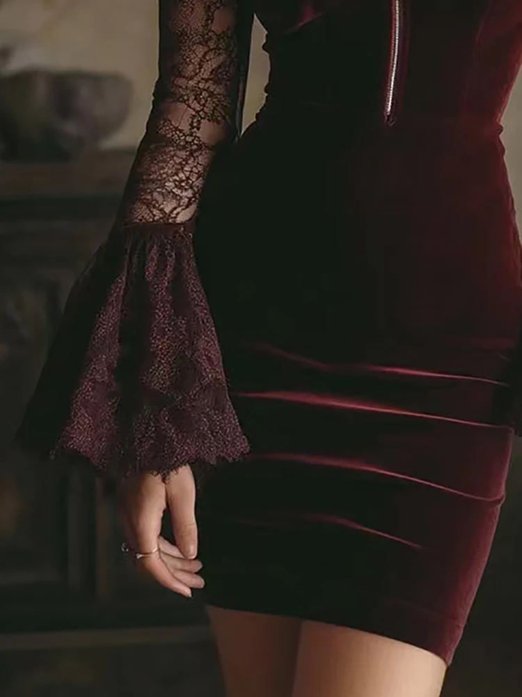 Robe de soirée en dentelle pour femmes, élégante, Vintage, couleur unie, Sexy, col en v, fermeture éclair, manches cloche transparentes, Slim, moulante, robe de Cocktail