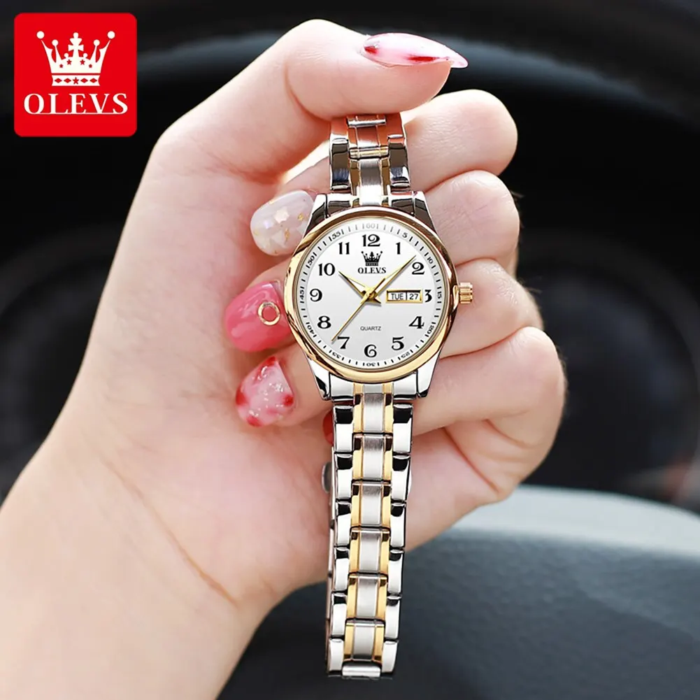 OLEVS-reloj de cuarzo de lujo para mujer, elegante reloj de acero inoxidable luminoso, resistente al agua, reloj de pulsera con fecha de semana, reloj de vestir para mujer