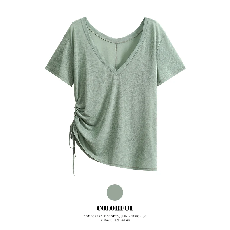 DRUR Women's V-Neck Side Ruched Yoga Top Loose Fit Workout Shirt Adjustable Drawstring Gym Pilates Short Sleeve Sportswear Woman