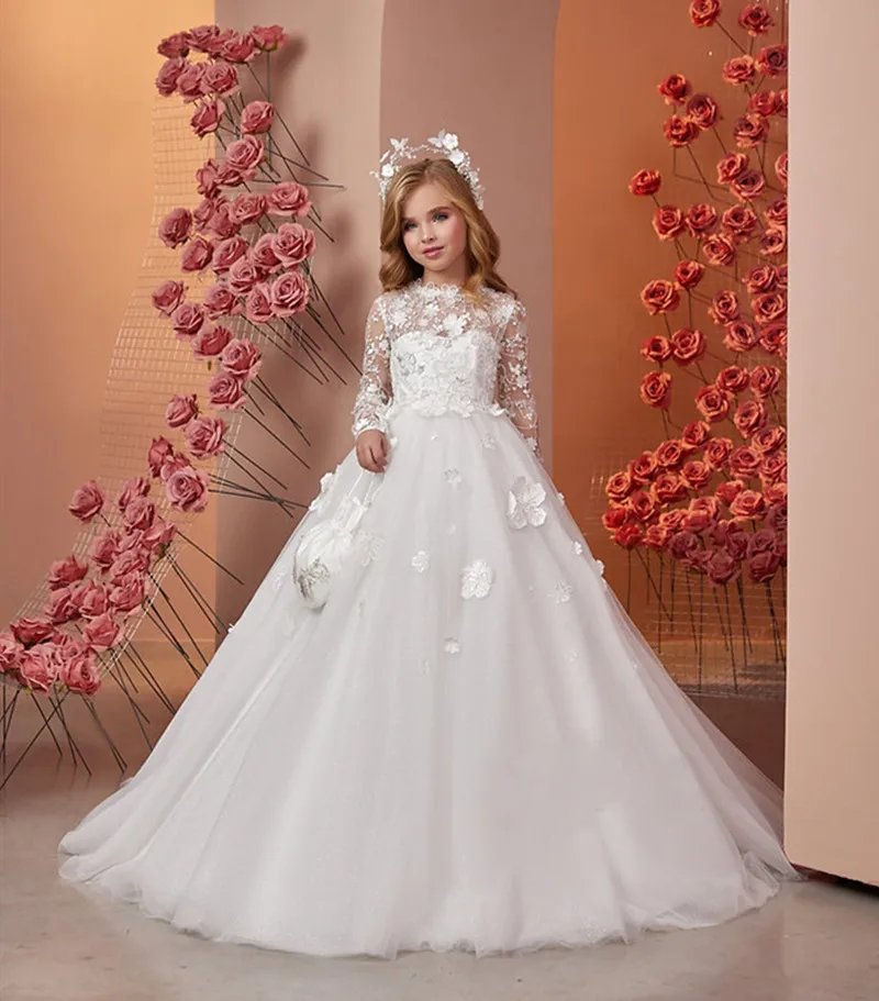 

2024 White Tulle Lace Beaded Flower Girl Dress For Wedding Puffy Full Sleeve Floor Length Birthday Party First Communion Gowns