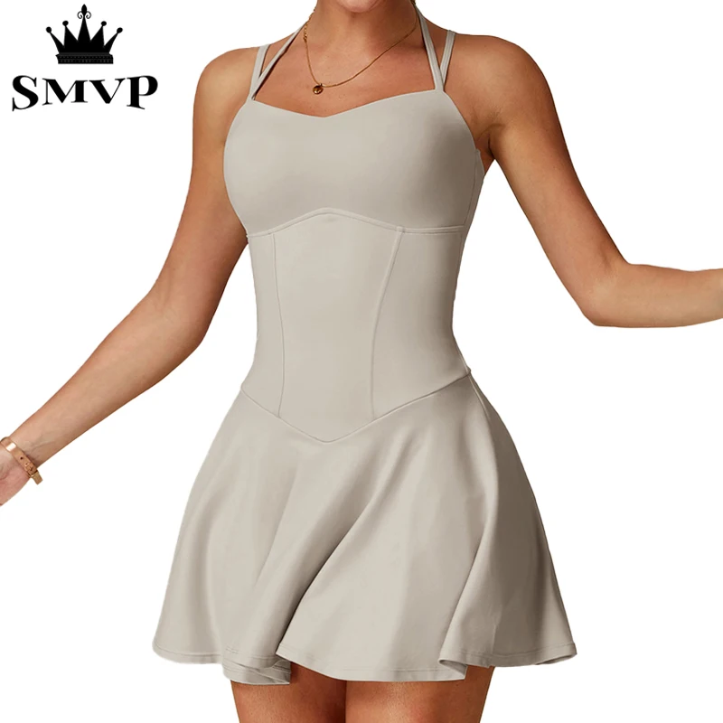 Smvp dress, double shoulder sling design, with side pockets, running sports yoga tennis women's suit