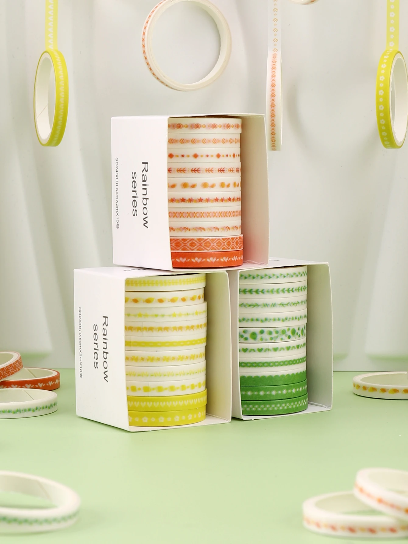 10 Rolls/Box Narrow Border Washi Tape Set Green Orange Yellow Leaf Heart Geometric Masking Tape for Journal Scrapbook Planner