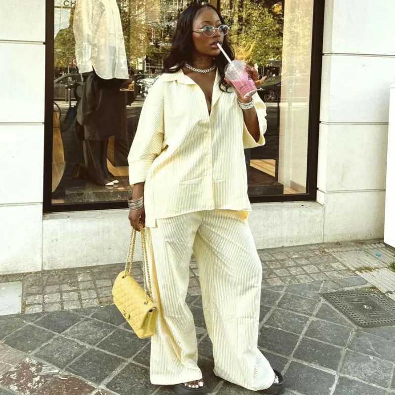 2026 African Plus Size Striped 2 Piece Set Collared Button Down Shirt + Elastic Waist Wide Leg Pants Casual Outfits Loungewear